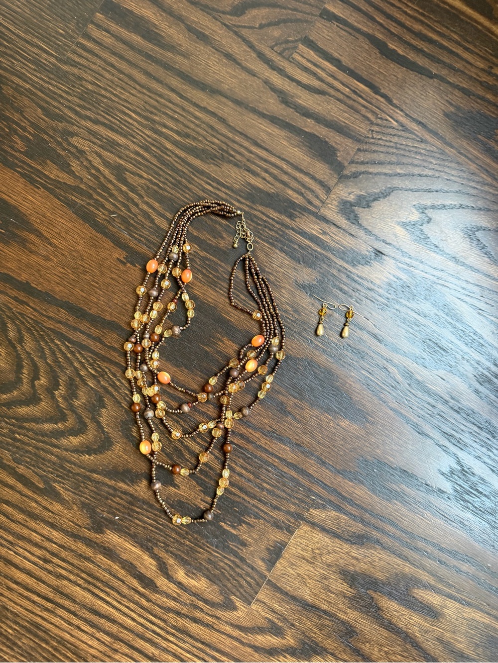 Multi-Strand Brown and Orange Beaded Necklace with Matching Earrings
